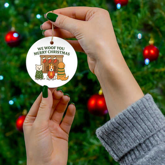 We Woof You a Merry Christmas Ornament – Personalized Dogs in Sweaters by Fireplace