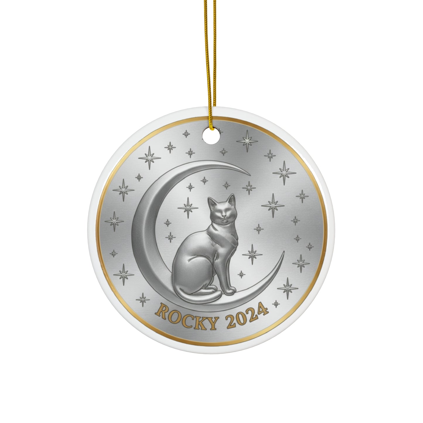 Cat on Crescent Moon Christmas Ornament – Personalized Pet Name & Year Keepsake