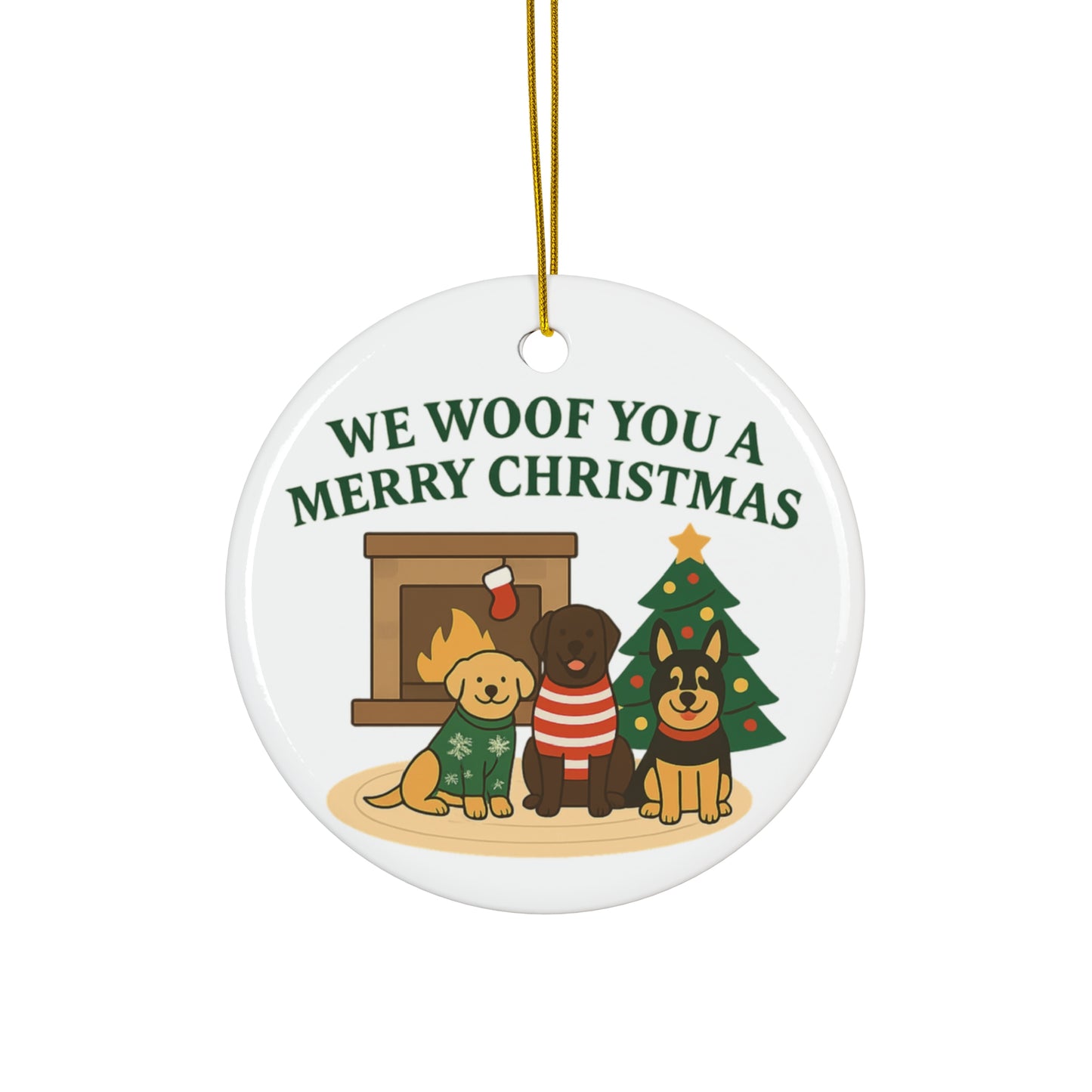 We Woof You a Merry Christmas Ornament – Personalized Dogs by Fireplace & Tree
