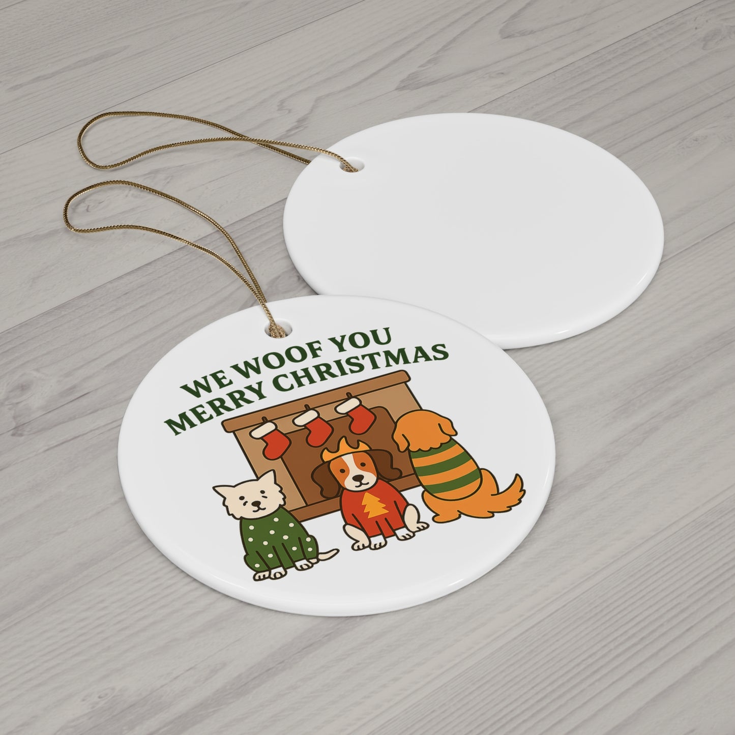 We Woof You a Merry Christmas Ornament – Personalized Dogs in Sweaters by Fireplace