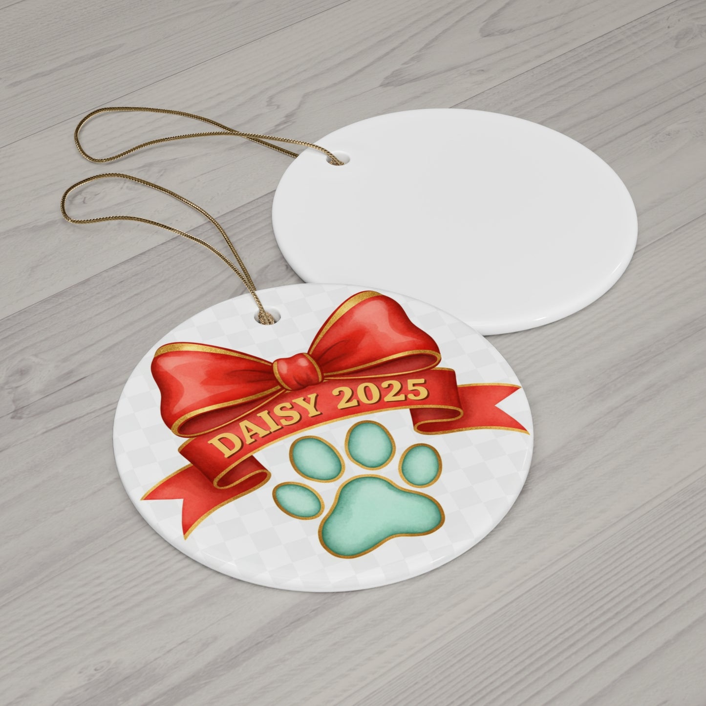 Red Bow Paw Print Christmas Ornament – Personalized Pet Name & Year Keepsake