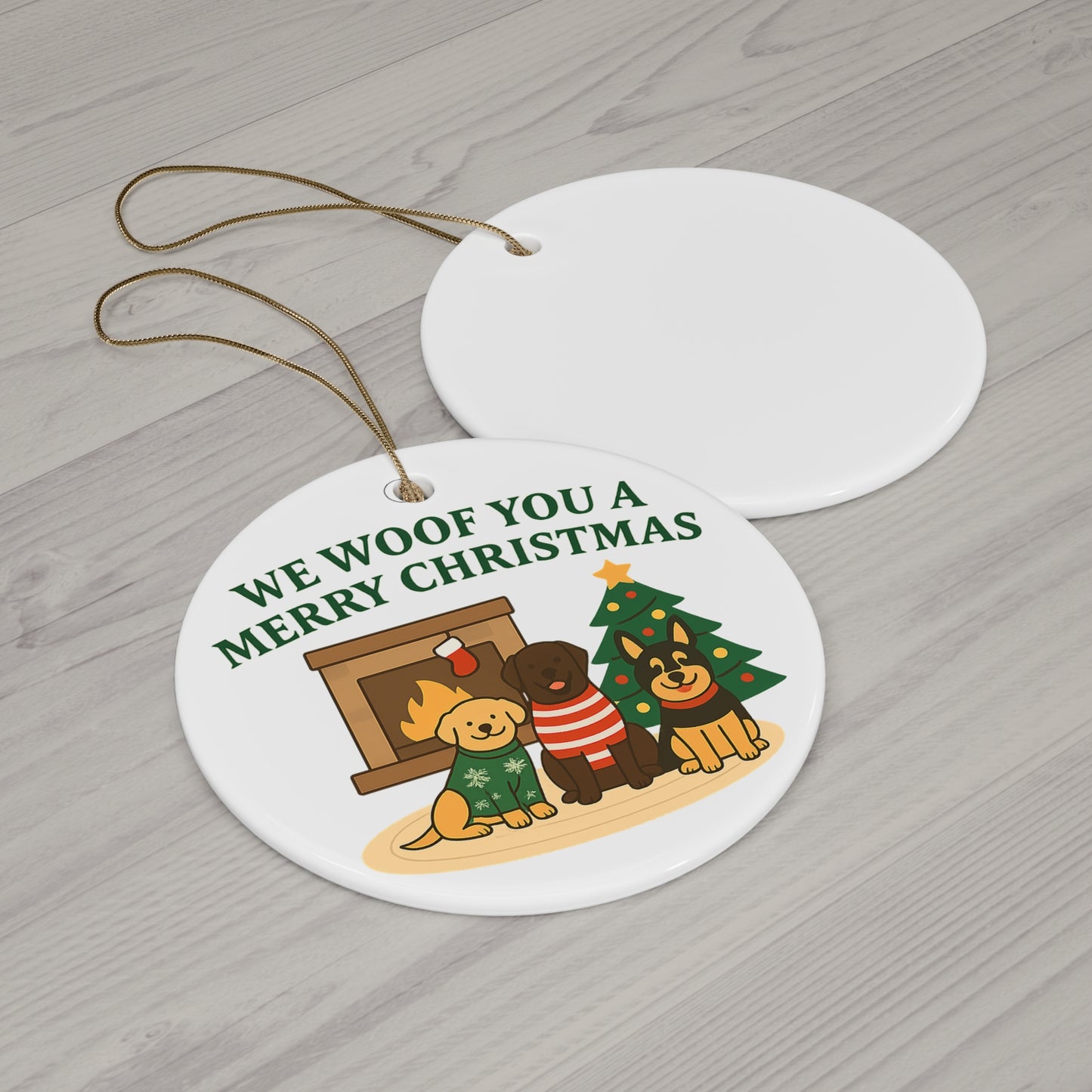 We Woof You a Merry Christmas Ornament – Personalized Dogs by Fireplace & Tree