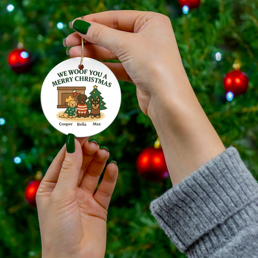 We Woof You a Merry Christmas Ornament – Personalized Dogs by Fireplace & Tree with Names