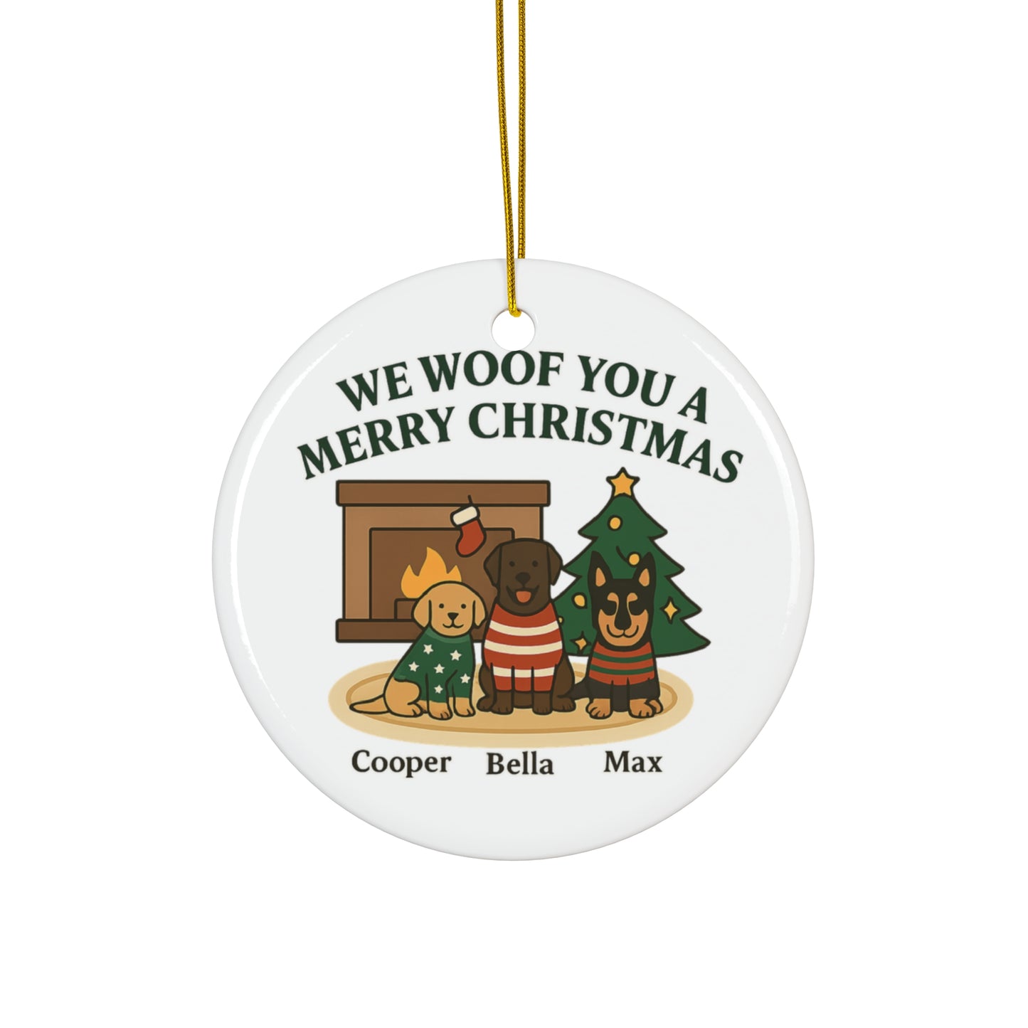 We Woof You a Merry Christmas Ornament – Personalized Dogs by Fireplace & Tree with Names