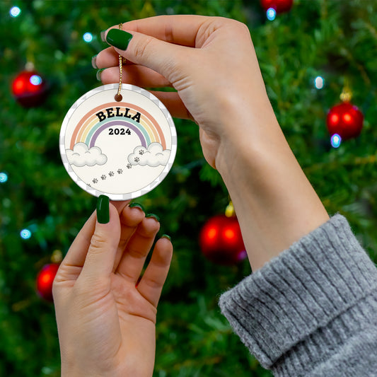 Rainbow Bridge Pet Memorial Ornament – Personalized Paw Print Tribute with Name & Year