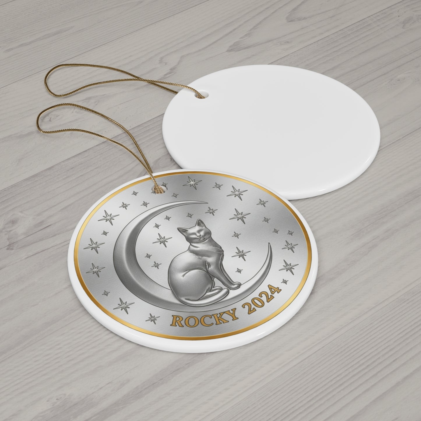 Cat on Crescent Moon Christmas Ornament – Personalized Pet Name & Year Keepsake