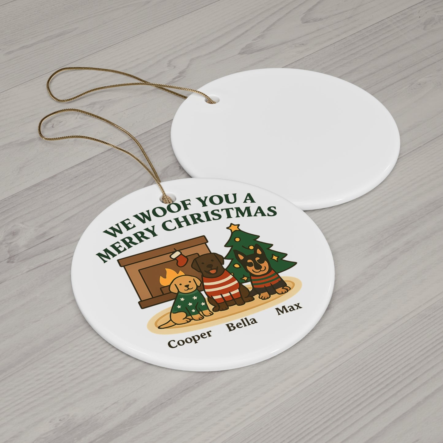 We Woof You a Merry Christmas Ornament – Personalized Dogs by Fireplace & Tree with Names