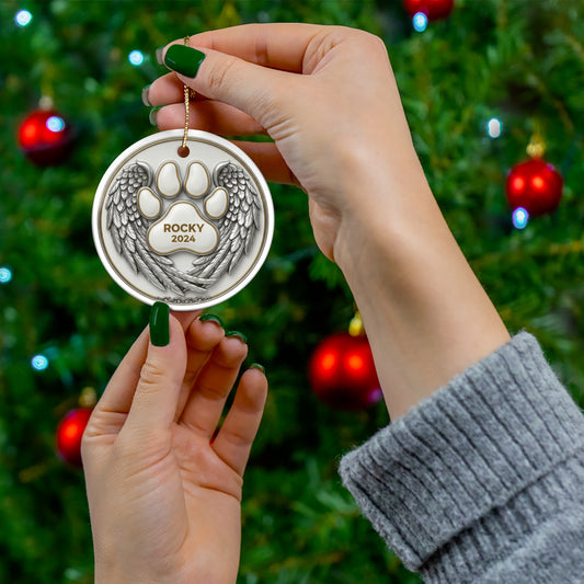 Angel Wings Paw Print Christmas Ornament – Personalized Pet Memorial Keepsake with Name & Year