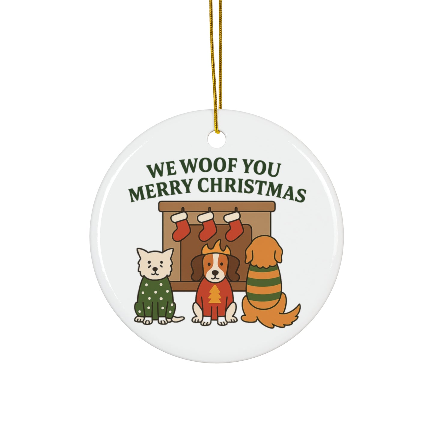 We Woof You a Merry Christmas Ornament – Personalized Dogs in Sweaters by Fireplace