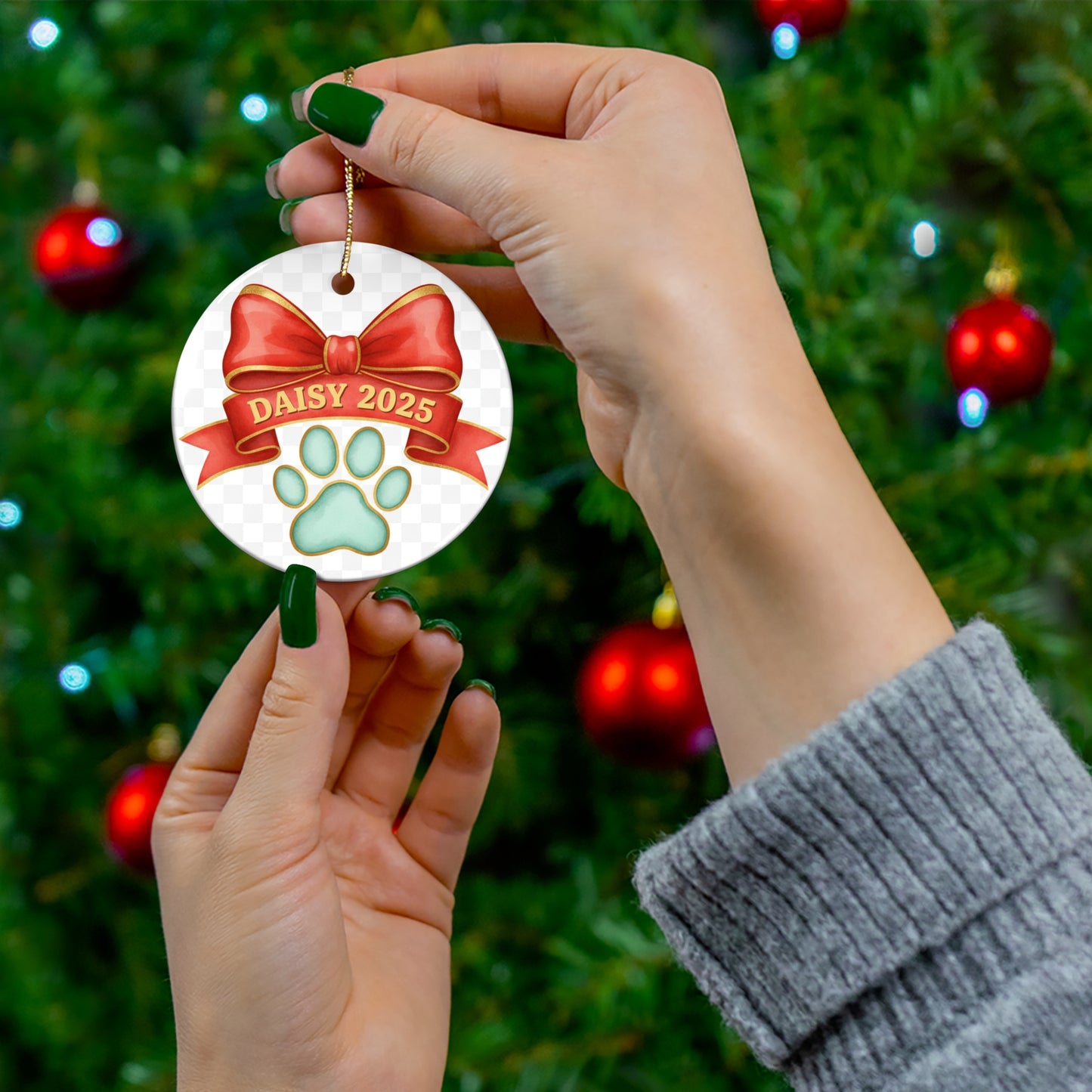 Red Bow Paw Print Christmas Ornament – Personalized Pet Name & Year Keepsake