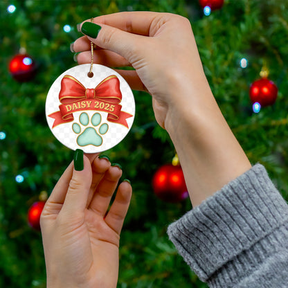 Red Bow Paw Print Christmas Ornament – Personalized Pet Name & Year Keepsake