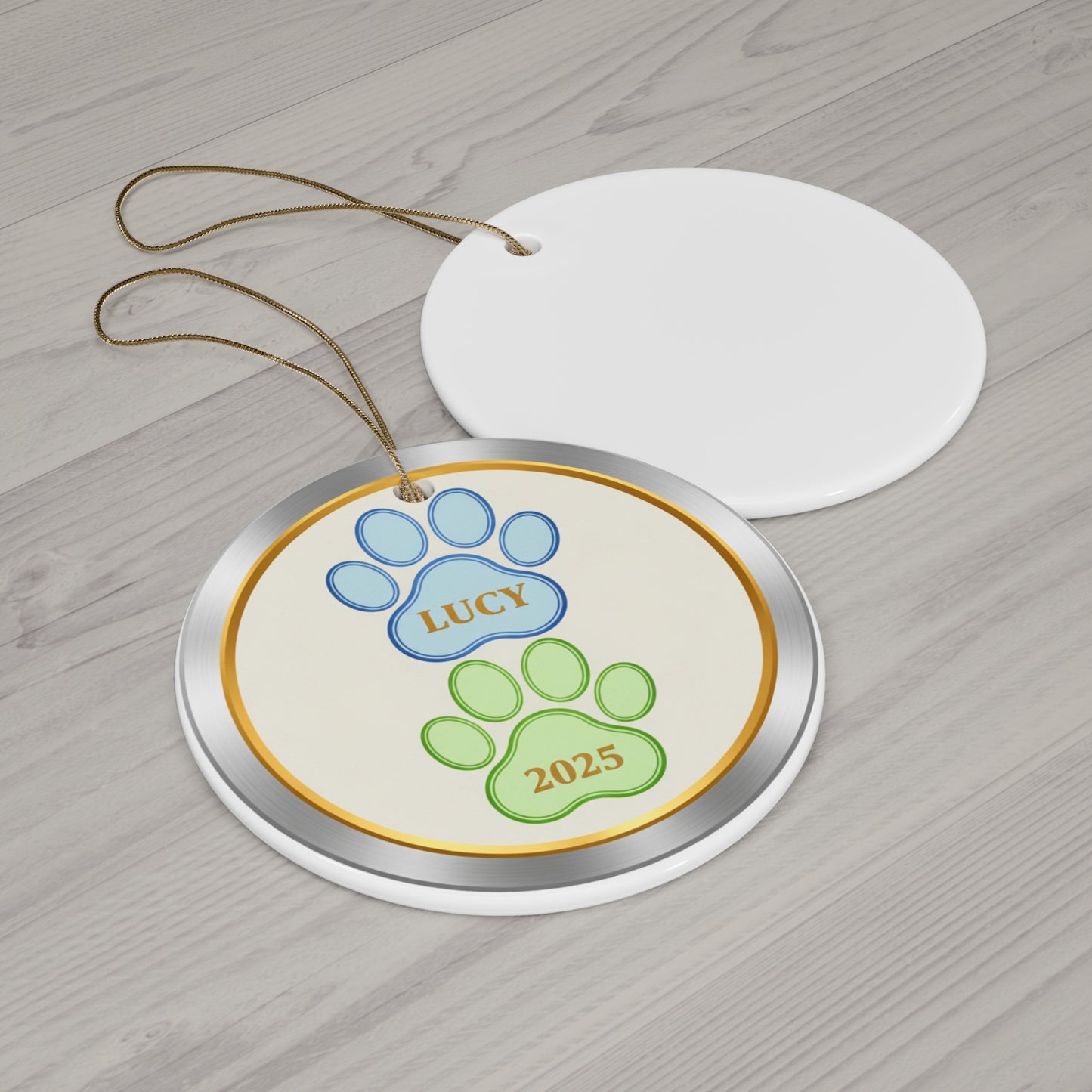 Double Paw Print Christmas Ornament – Personalized Pet Name & Year Keepsake