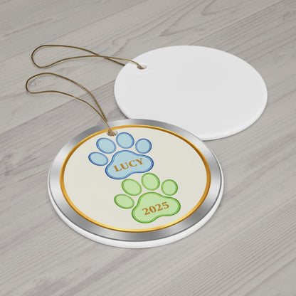 Double Paw Print Christmas Ornament – Personalized Pet Name & Year Keepsake