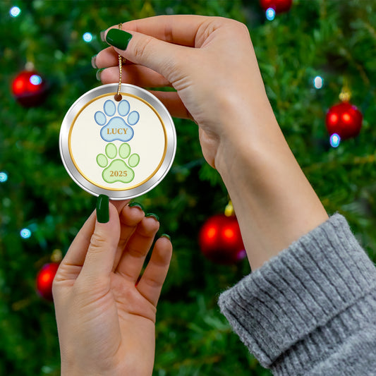 Double Paw Print Christmas Ornament – Personalized Pet Name & Year Keepsake