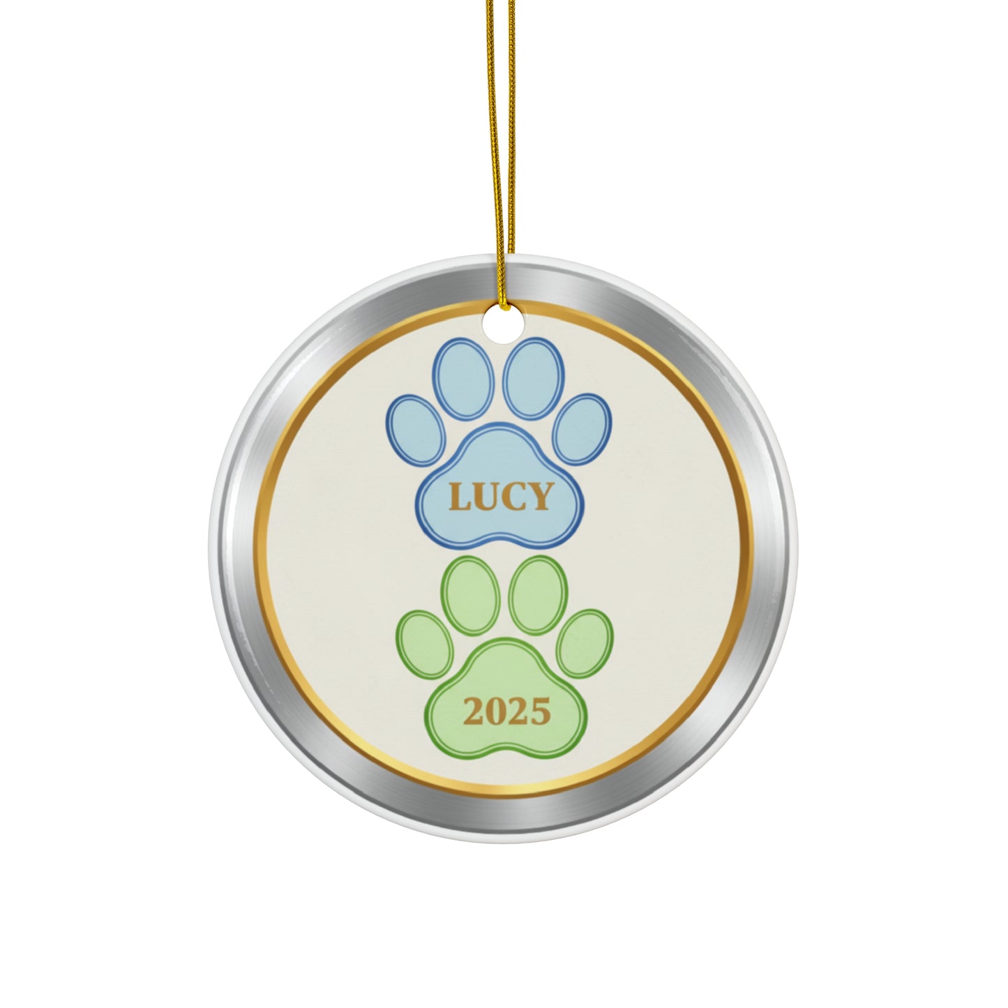 Double Paw Print Christmas Ornament – Personalized Pet Name & Year Keepsake