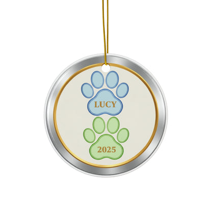 Double Paw Print Christmas Ornament – Personalized Pet Name & Year Keepsake