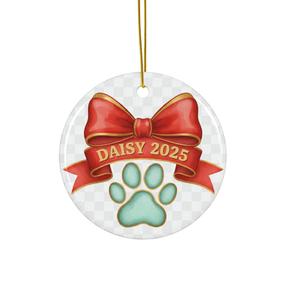 Red Bow Paw Print Christmas Ornament – Personalized Pet Name & Year Keepsake