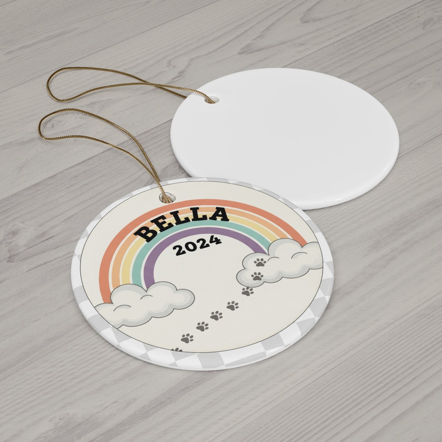 ChatGPT said:  Rainbow Bridge Pet Memorial Ornament – Personalized Paw Print Tribute with Name & Year