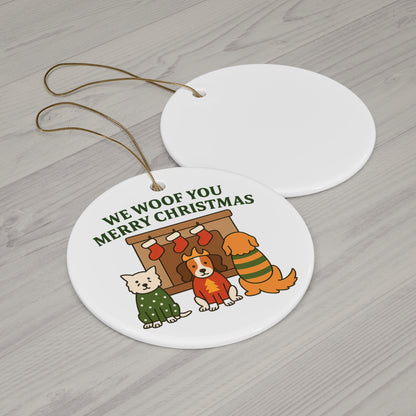 We Woof You a Merry Christmas Ornament – Personalized Dogs in Sweaters by Fireplace