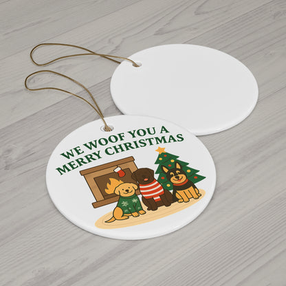 We Woof You a Merry Christmas Ornament – Personalized Dogs by Fireplace & Tree