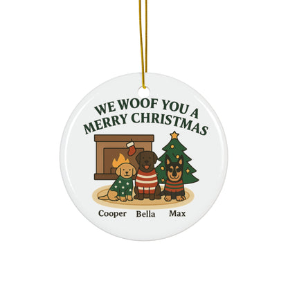 We Woof You a Merry Christmas Ornament – Personalized Dogs by Fireplace & Tree with Names