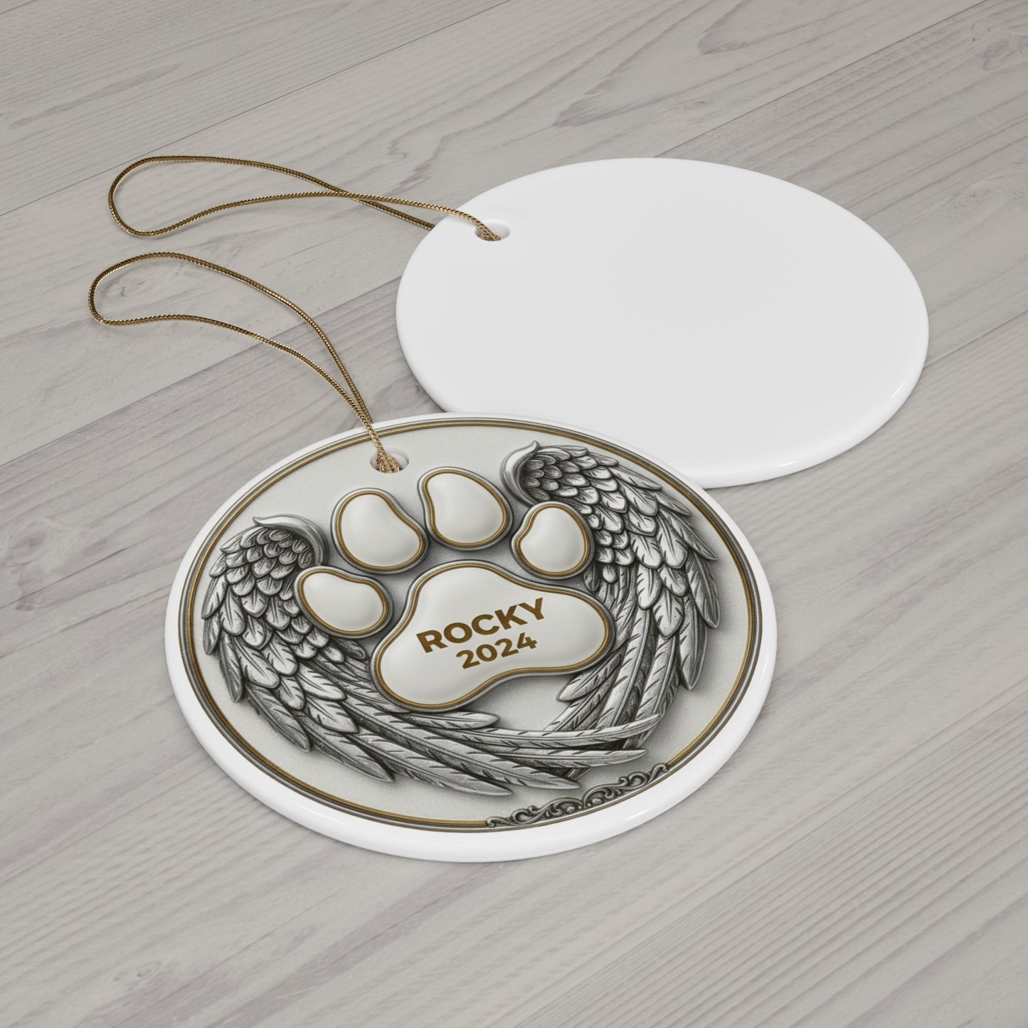 Angel Wings Paw Print Christmas Ornament – Personalized Pet Memorial Keepsake with Name & Year