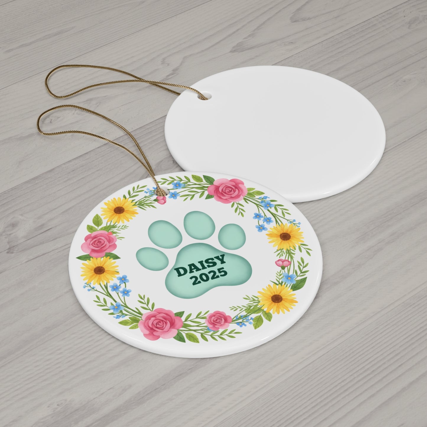 Floral Paw Print Pet Memorial Ornament – Personalized Name & Year Keepsake
