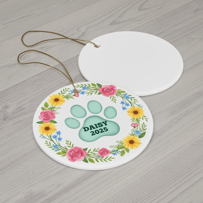 Floral Paw Print Pet Memorial Ornament – Personalized Name & Year Keepsake
