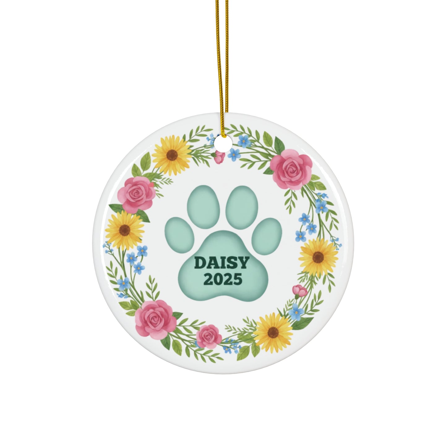 Floral Paw Print Pet Memorial Ornament – Personalized Name & Year Keepsake