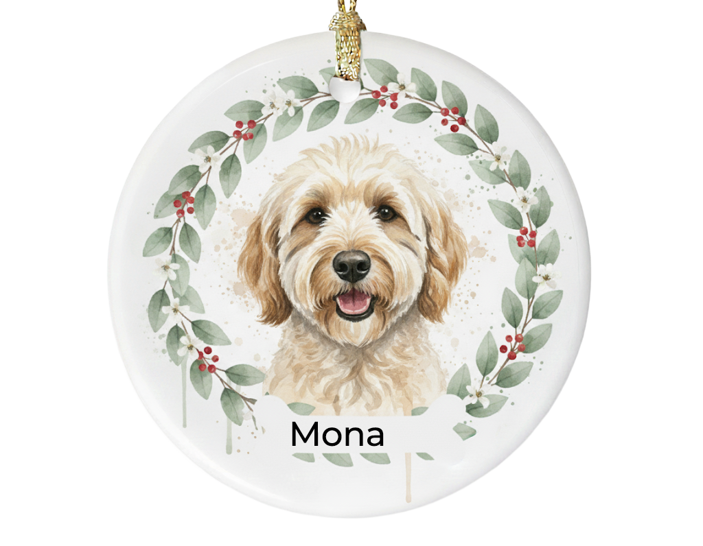 Personalized Pet Ornament with Holiday Wreath Design