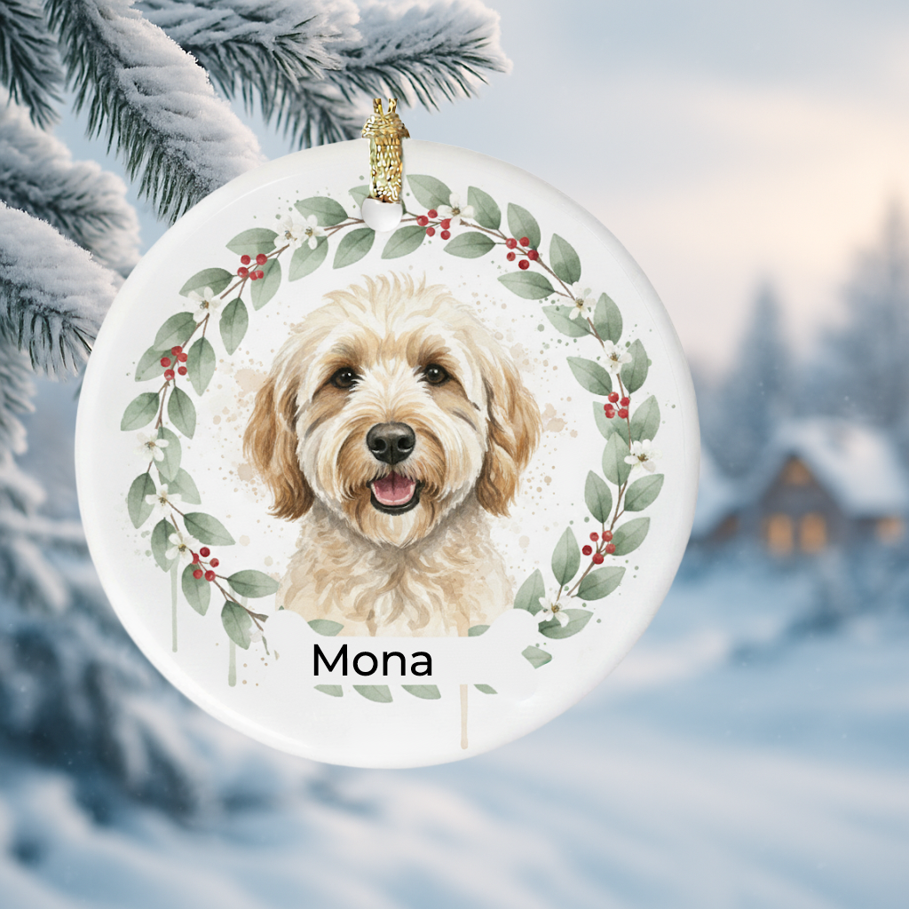 Personalized Pet Ornament with Holiday Wreath Design