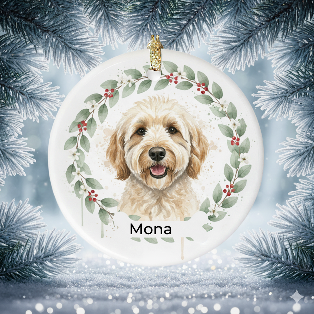 Personalized Pet Ornament with Holiday Wreath Design