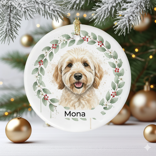Personalized Pet Ornament with Holiday Wreath Design